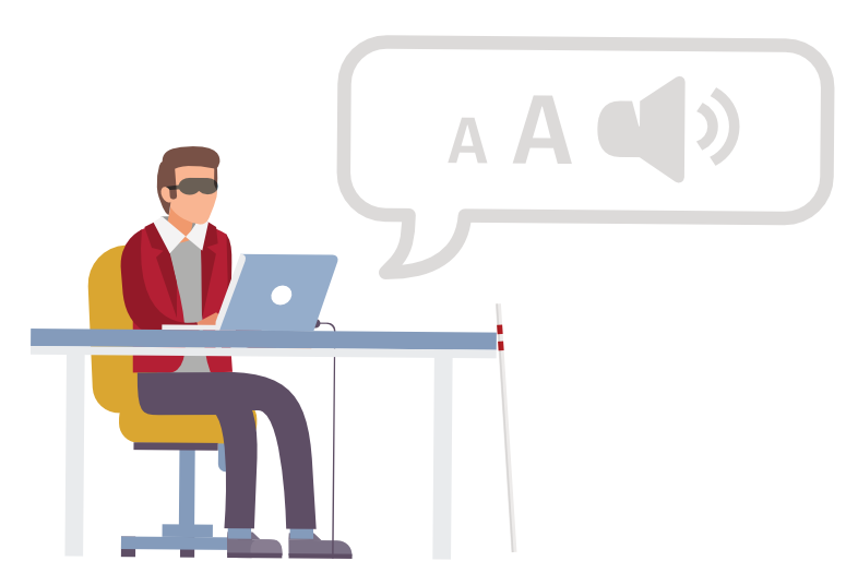 Illustratie van iemand die slechtziend is achter een computer.