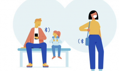 Afbeelding die laat zien hoe de telefoon van een vader die met zijn dochter op de bank zit, via Bluetooth contact maakt met een vrouw die langsloopt.