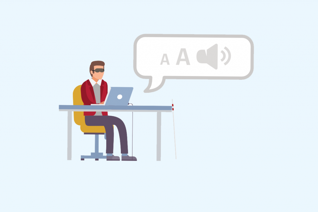 Illustratie van een slechtziende met toegankelijkheidsopties (grotere letters, voorlezen)