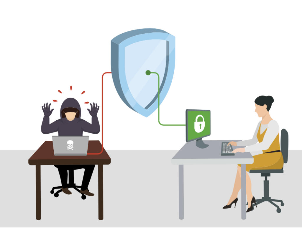 Illustratie: een weerbare organisatie, met een schild tussen hacker en medewerker