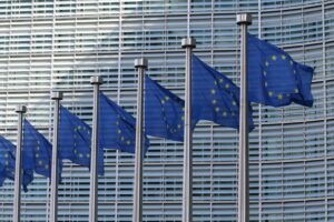 Een reeks Europese vlaggen voor een gebouw