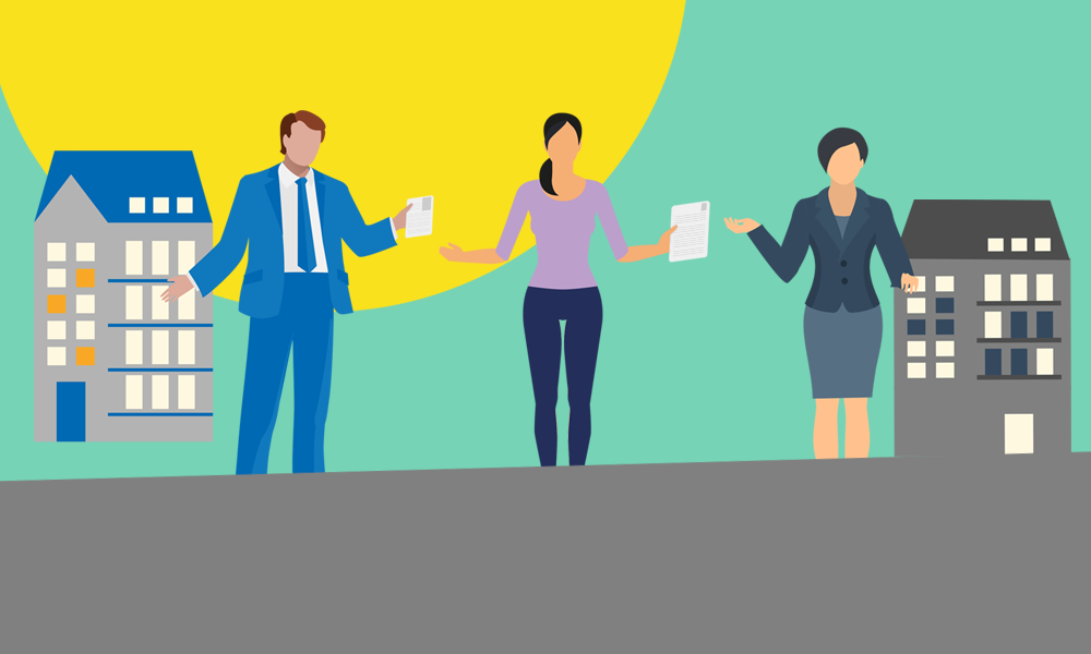 3 mensen tussen 2 gebouwen (grafisch) geven documenten aan elkaar door