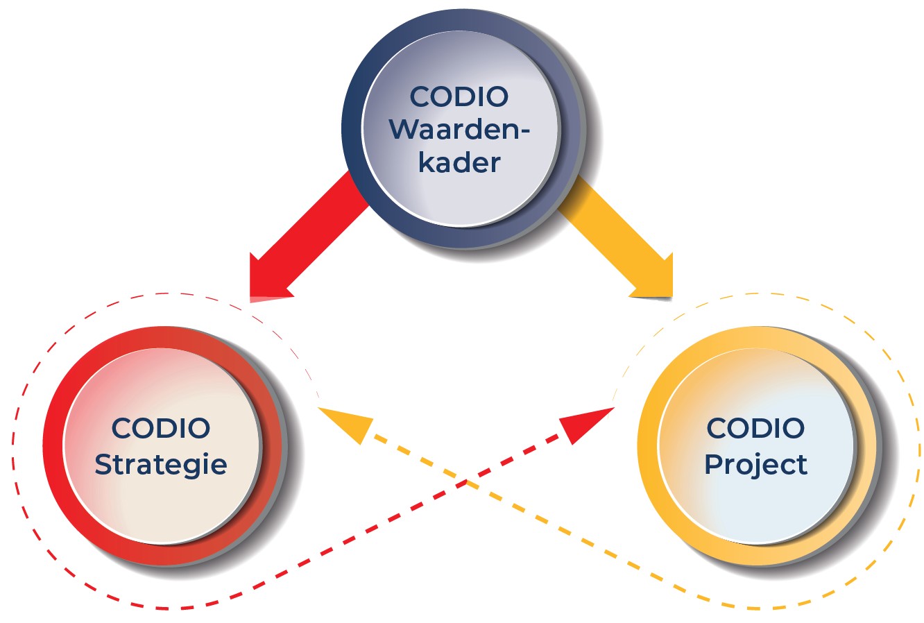 Illustratie van het instrument met 3 tekst bollen. Daarin staat CODIO Waardenkader, CODIO Strategie en CODIO Project