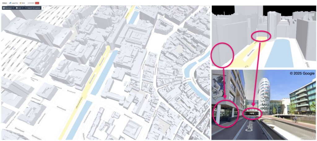 Informatieve afbeelding. Algemeen beeld van de 3DBAG gebouwen. Rechtsboven de huidige situatie. Onder de situatie met overkapping